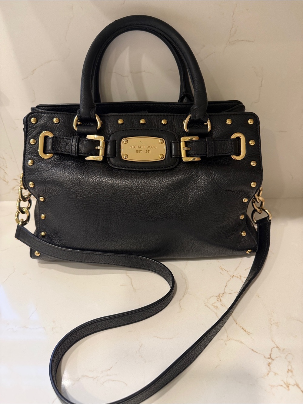 Michael Kors Black Leather Satchel with Gold Hardware